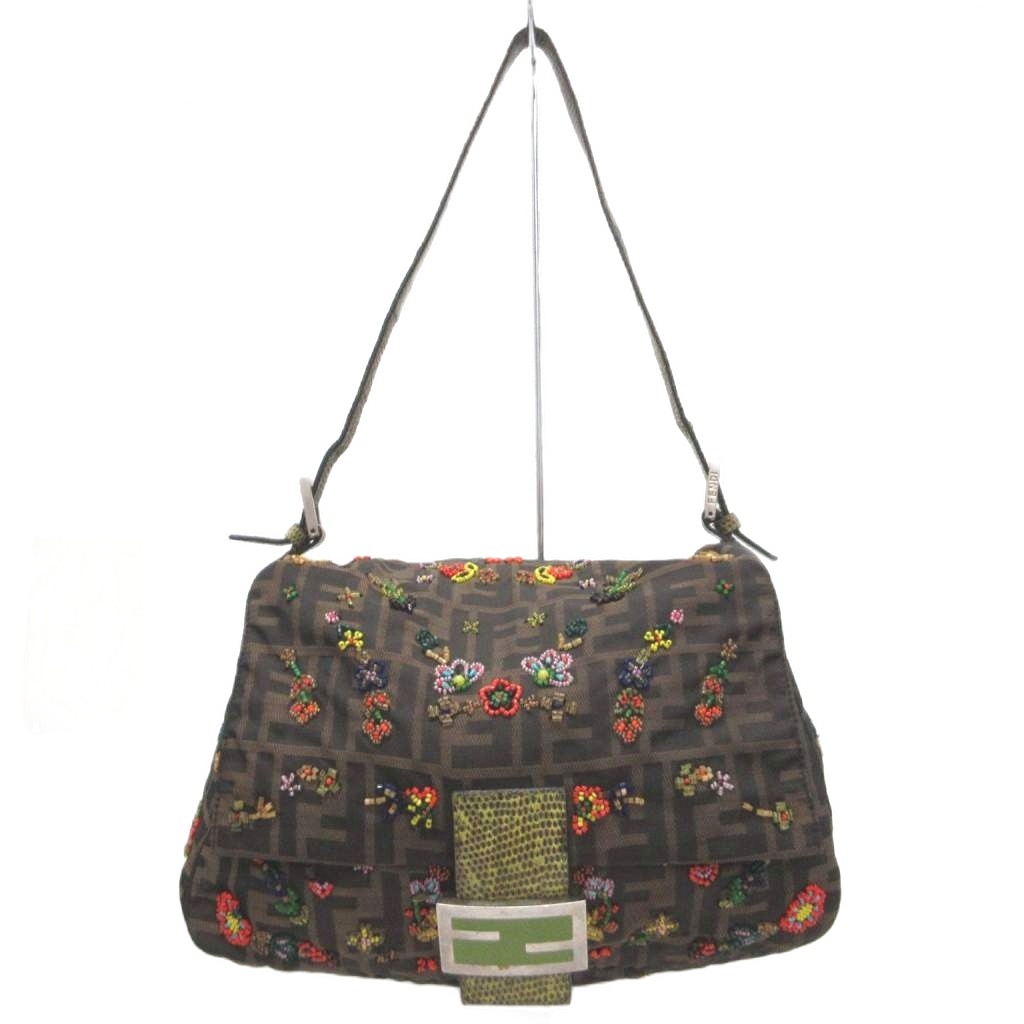 【中古】フェンディ FENDI ヴィンテージ マンマバケット ショルダーバッグ ハンドバック ビーズ刺しゅう ビジュー パイソンレザー ズッカ柄 総柄 茶 赤銅色 ☆AA★ レディース 【ベクター 古着】 260607