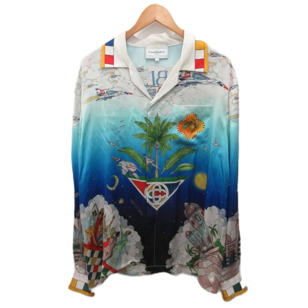 【中古】カサブランカ Casablanca 23AW CUBAN COLLAR LONG SLEEVE SHIRT シルクシャツ 長袖 総柄 プリント 絹 シルク100% M 青 ブルー マルチカラー U-MF23-SH-006-10 【ベクトル 古着】 260613｜ブランド古着の買取販売ベクトル