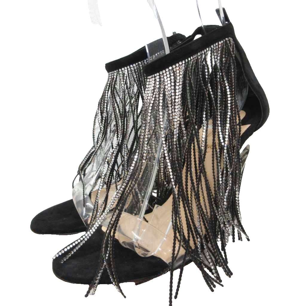 【中古】クリスチャンルブタン Christian louboutin 美品 フリンジ サンダル ミュール クリアヒール ウェッジソール ビジュー ラインストーン 37 黒 ブラック レディース 【ベクトル 古着】 260613｜ブランド古着の買取販売ベクトル