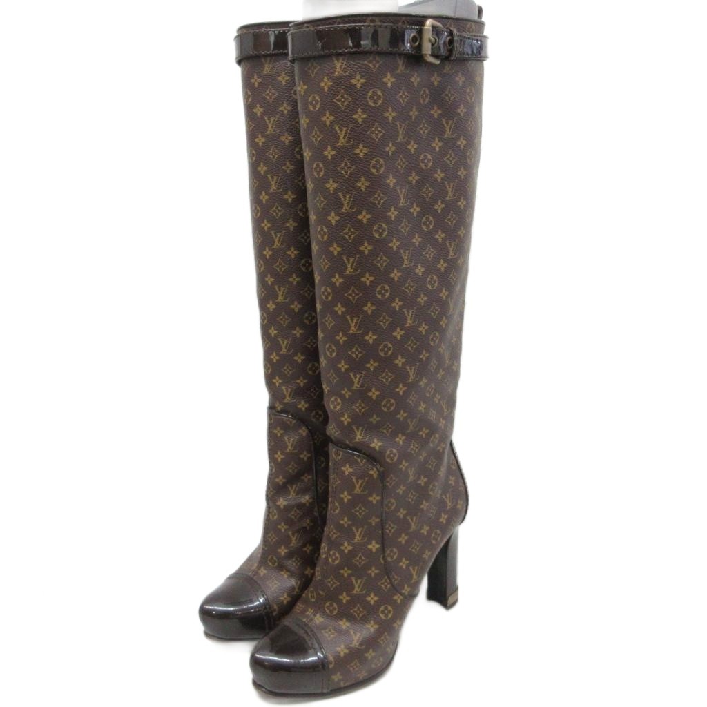 【中古】ルイヴィトン LOUIS VUITTON モノグラム ロングブーツ ポインテッドトゥ チャンキーヒール ロゴ金具 切替 総柄 35 茶 ブラウン ■IBO100 レディース 【ベクトル 古着】 260701｜ブランド古着の買取販売ベクトル 61,100円