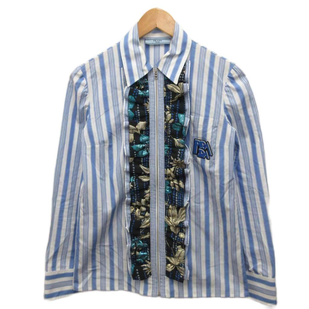【中古】プラダ PRADA 2018 ジップシャツ 長袖 ストライプ フリル ロゴプリント 36 水色 白 ホワイト P495C S191 1TEC レディース 【ベクトル 古着】 260709|ブランド古着の買取販売ベクトル