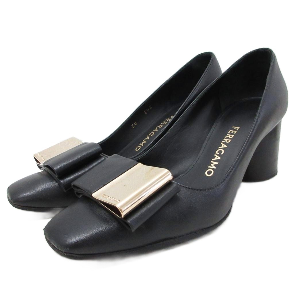 【中古】サルヴァトーレフェラガモ Salvatore Ferragamo LENA パンプス スクエアトゥ チャンキーヒール ゴールド金具 リボンモチーフ 5.5C 黒 ブラック レディース 【ベクトル 古着】 260705｜ブランド古着の買取販売ベクトル