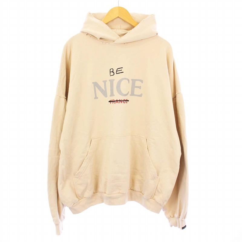 【中古】バレンシアガ BALENCIAGA Round Hoodie BE NICE ラウンドフーディ プルオーバーパーカー スウェット 長袖 ダメージ加工 2 アイボリー 761458 TPVE5 /KH ☆AA★ メンズ 【ベクトル 古着】 250521