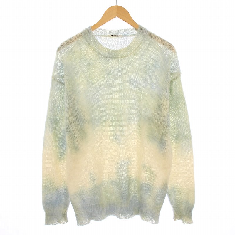【中古】オーラリー AURALEE SUPER KID MOHAIR TIE DYE KNIT PO スーパーキッドモヘアタイダイニットプルオーバー セーター 長袖 クルーネック ウール混 3 水色 ライトブルー ベージュ A9AP02KM /BB メンズ 【ベクトル 古着】 251119