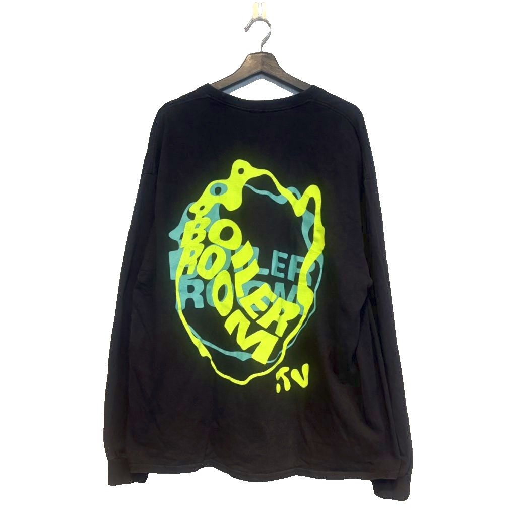 【中古】蒸気ガマお座敷 BOILER ROOM WAVE LOGO ロングティーシャツ うしろ側刷り上げる 長袖 XXL 黒 黒いこと  メンズ 【ベクター 古着】 260327 メンズファッション-Tシャツ・カットソー-トップス
