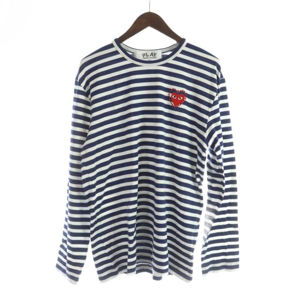 【中古】プレイコムデギャルソン PLAY COMME des GARCONS AD2024/7 AX-T806 Tシャツ 長袖 ボーダー柄 ロンT ハート L 紺 ネイビー 白 ホワイト ■GY18 /MQ メンズ 【ベクトル 古着】 260414