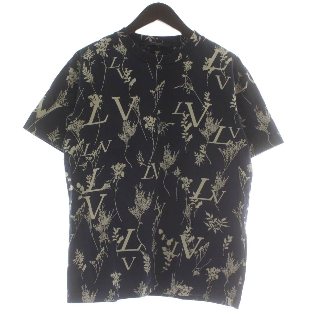 【中古】ルイヴィトン LOUIS VUITTON LV リーフディスチャージ ティーシャツ カットソー 半袖 労働者の一団のど首 ロゴタイプ 総柄 M 紺 米国海軍 ベージュ RM202M UYM HJY04W /XZ ■GY18 メンズ 【ベクター 古着】 260530