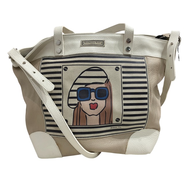 【中古】バーバラリール BARBARA RIHL ショルダーバッグ ハンドバッグ 2WAY イラスト アイボリー ベージュ ■WY レディース 【ベクトル 古着】 250816