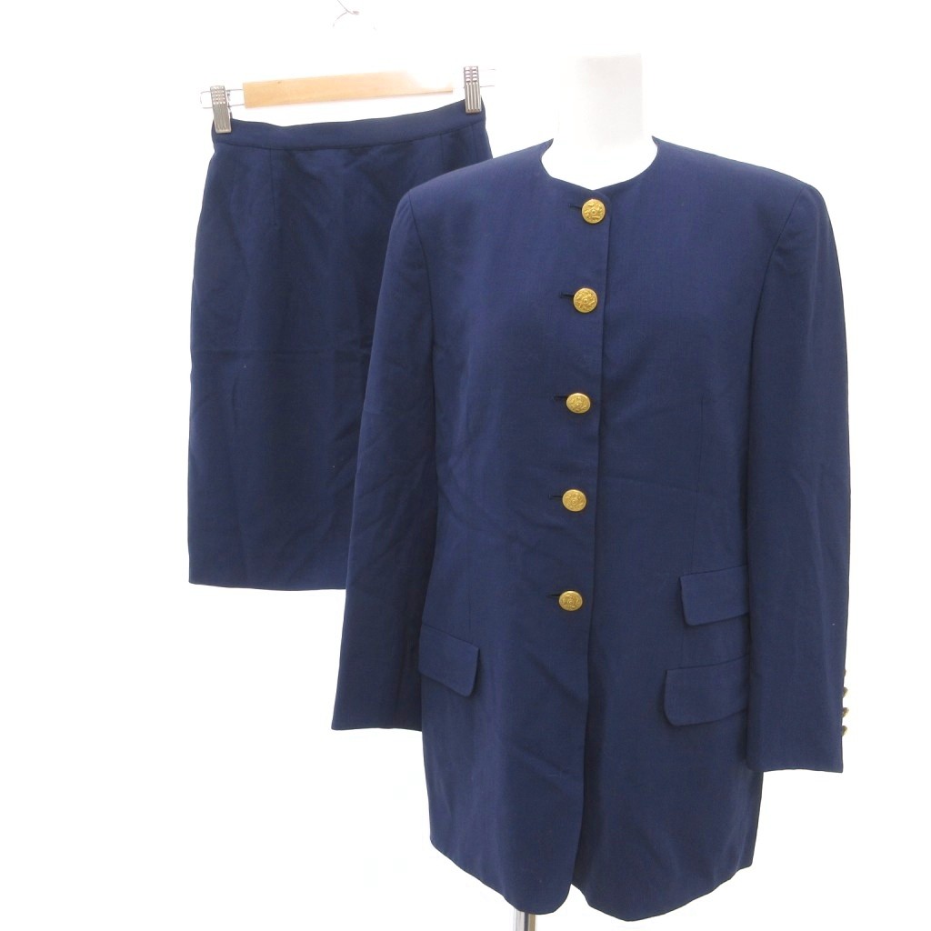 【中古】サルヴァトーレフェラガモ Salvatore Ferragamo スカートスーツ ノーカラージャケット ウール 40 紺 ネイビー 金ボタン /UO ■WY レディース 【ベクトル 古着】 260121