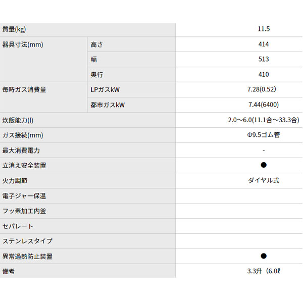 経典 パロマ 業務用炊飯器 PR-6DSS F フッ素内釜 固定取手付 6.0L 3.3升 23429 LPG 12A13A ダイヤル式火力調節  セパレート 圧電点火 炊飯器 炊飯専用 Paloma
