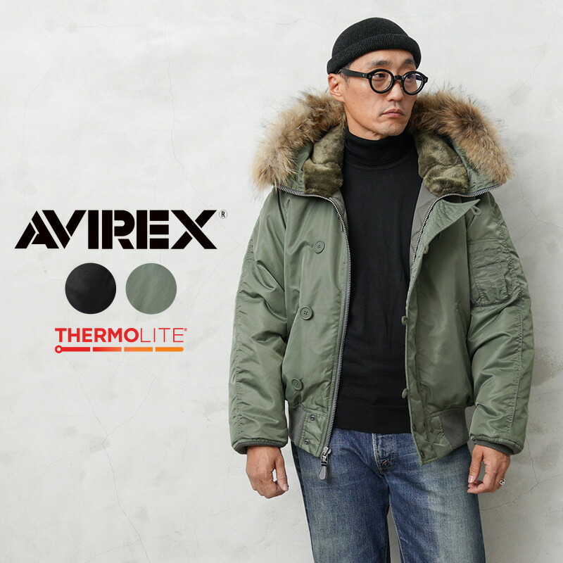 楽天市場】AVIREX アビレックス 7833952023 THERMOLITE N-3B フライトジャケット COMMERCIAL MODEL  リアルファー【7834952044】【クーポン対象外】【T】｜メンズ アウター ミリタリー 大きサイズ 中綿 コート カジュアル カーキ ナイロン  ブランド おしゃれ 秋 冬 ...