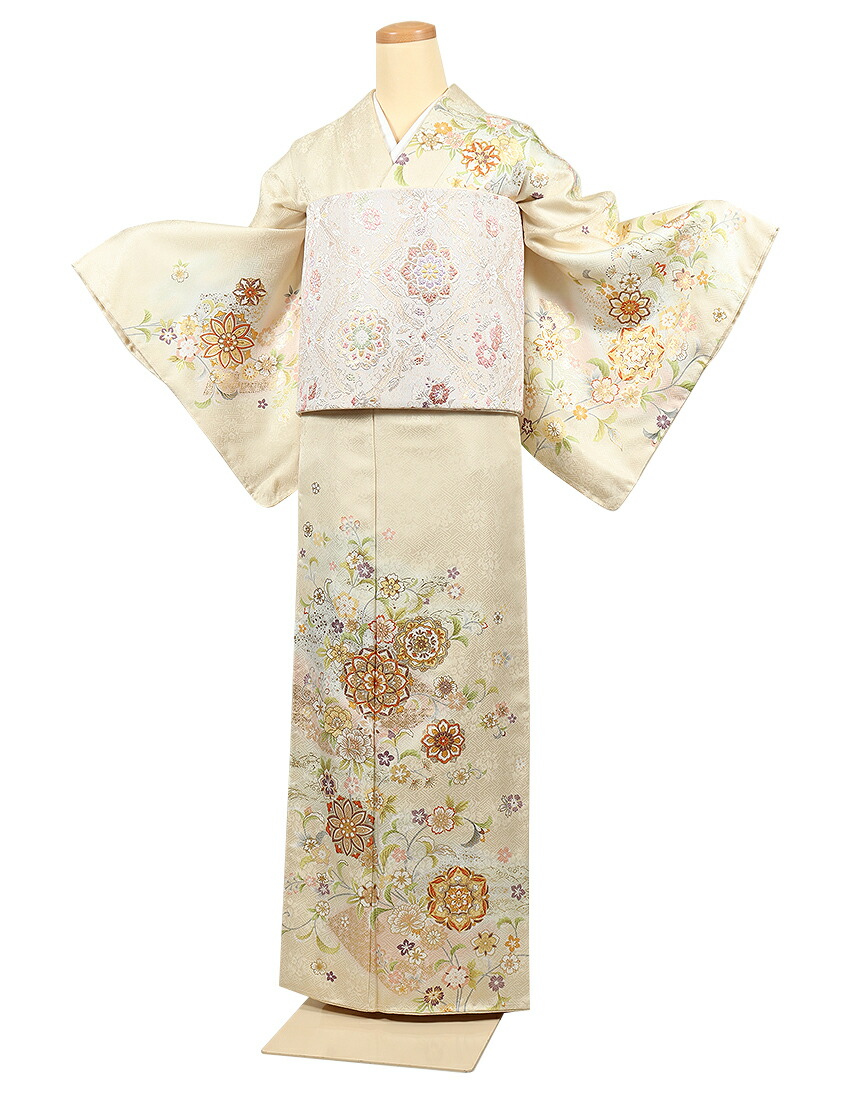 未使用、しつけ糸付きクリームベージュ訪問着と袋帯・帯揚げ帯締めの4点フルセット 未使用、しつけ糸付きクリームベージュ訪問着と袋帯・帯揚げ