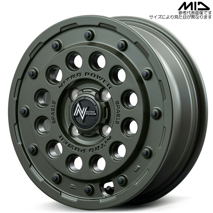 MID NITRO POWER H12 SHOTGUN TACTICAL EDITION 1本 [14&times;4.5J+45 4H 100 φ67.1 軽カー全般] セミグロスODグリーン マルカサービス アルミホイール｜web-carshop カーピットアイドル