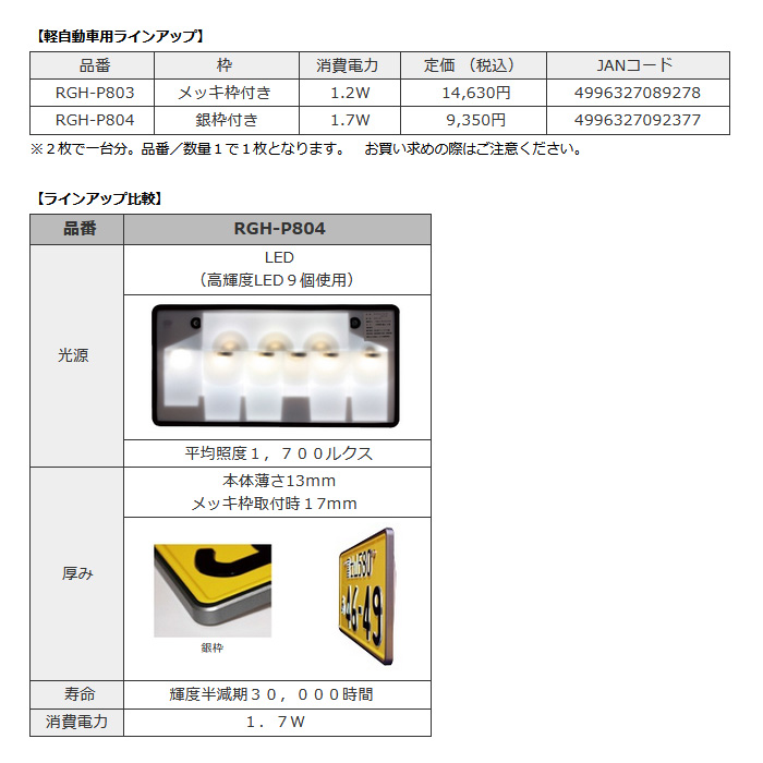 市場 RG 軽自動車用 銀枠付き 字光式ナンバープレートベース LED