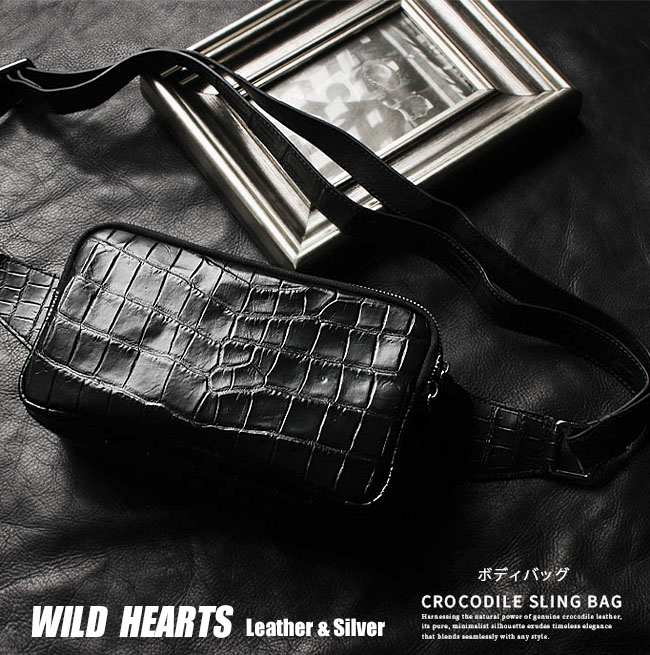 クロコダイル 本革 斜めがけ バッグ ボディバッグ ワニ革 バッグ メンズ ブラック Crocodile Skin Leather Backpack Shoulder Sling Bag BlackWILD HEARTS Leather&Silver (ID bb321b22) za005｜ワイルドハーツ