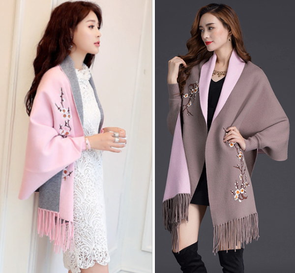 dolman Cardigans Coats & Jackets Floral embroidery, two-tone color Ponchos Wind Flying Squirrel knit Fringe dolman sleeves knit Bolero with back design, women's, autumn/winter, loose fit, free shipping (apparel)