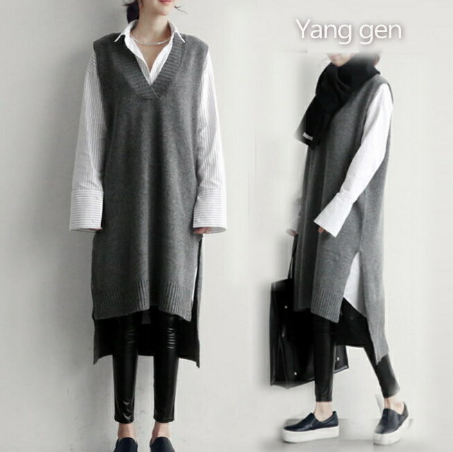 楽天市場 ニット ベスト ロングベスト ワンピース Vネック ロング丈 ニットベスト サイドスリット ノースリーブ 無地 体型カバー 春 秋冬レディース 送料無料おうちコーデ アパレル Yang Gen
