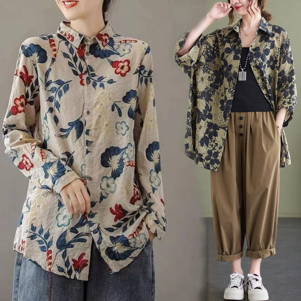 美品　plantation　コットンリネン　春夏　チュニック　ブラウス　総柄 美品 plantation コットンリネン 春夏 チュニック ブラウス 総柄