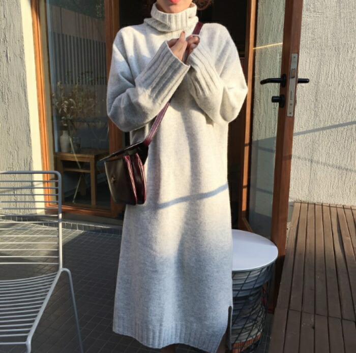 楽天市場 ニット ワンピース ロング丈 タートルネック ロングワンピ ニットワンピ スリット 無地 体型カバー キャメル グレー 春 秋冬 秋 レディースおうちコーデ アパレル Yang Gen