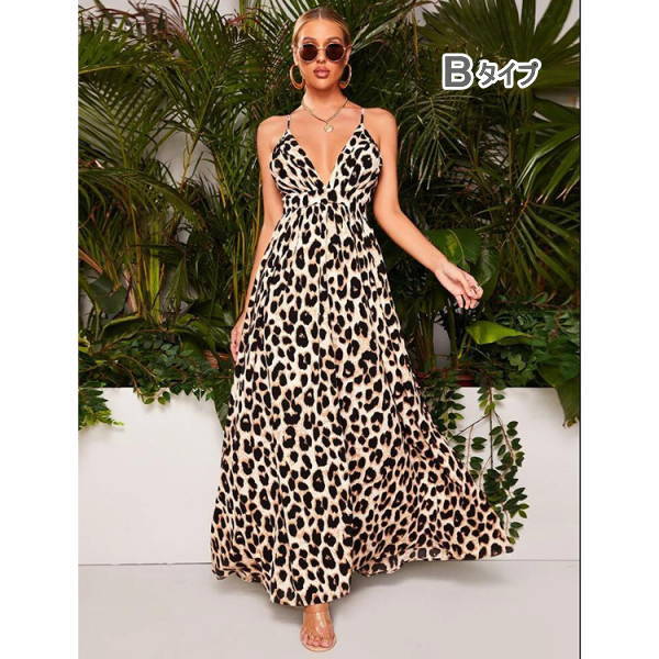 マキシワンピ リゾート 豹柄 ノースリーブ マキシワンピース ワンピース 夏 結婚式 マキシ丈 レオパード