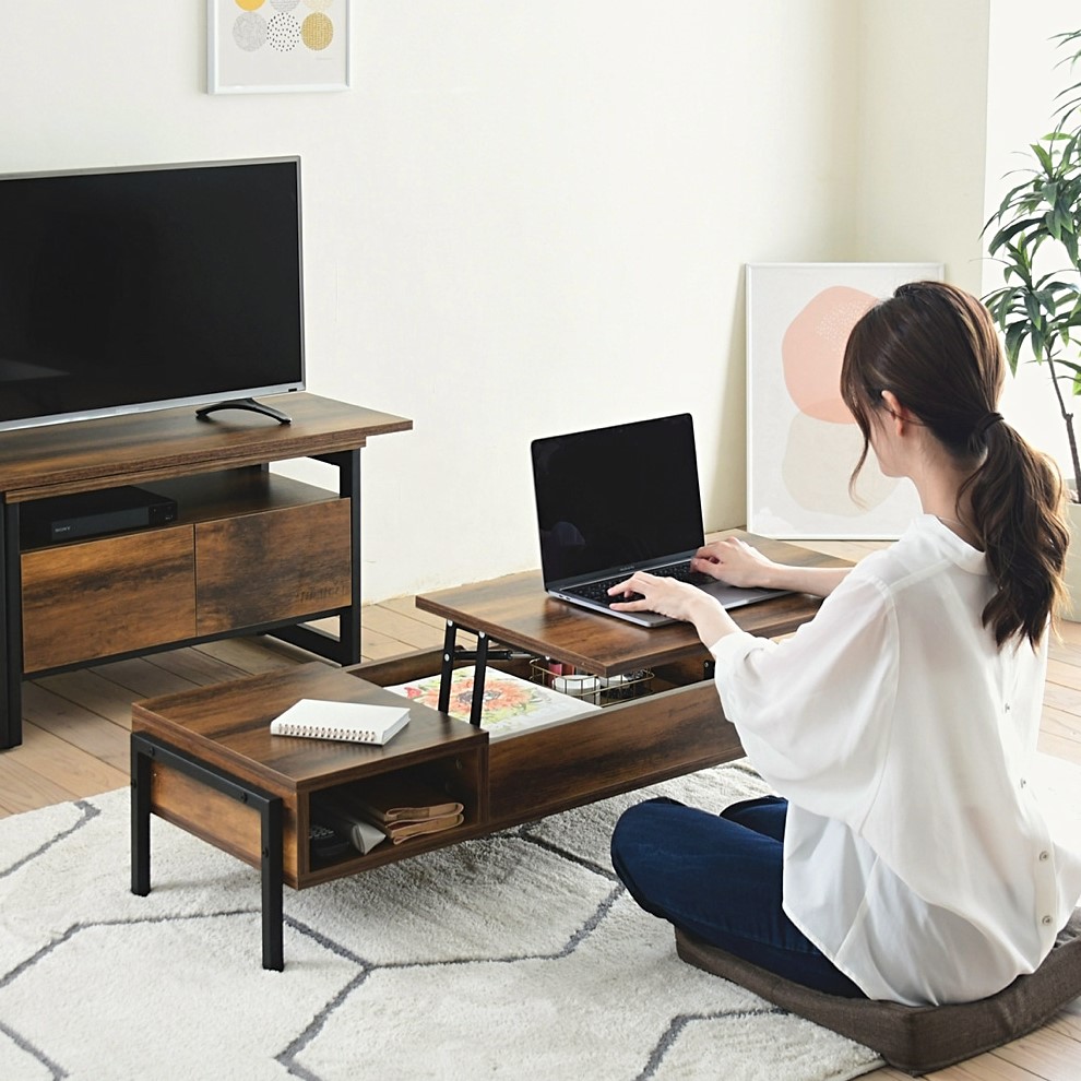 センターテーブル昇降式 オープン 収納 付き 幅94.5×高さ26cm リビングテーブル 天板 昇降式テーブル コーヒーテーブル リフトアップテーブル ロー テーブル おしゃれ 北欧 シンプル 1人暮らし 黒 ブラック ヴィンテージ ダークブラウン スチール