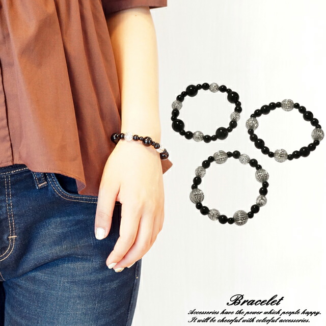 楽天市場 レディースブレスレット ビーズブレスレット 花 フラワー ストライプ ブラックビーズ ゴムブレスレット アクセサリーのyukatanゆかたん