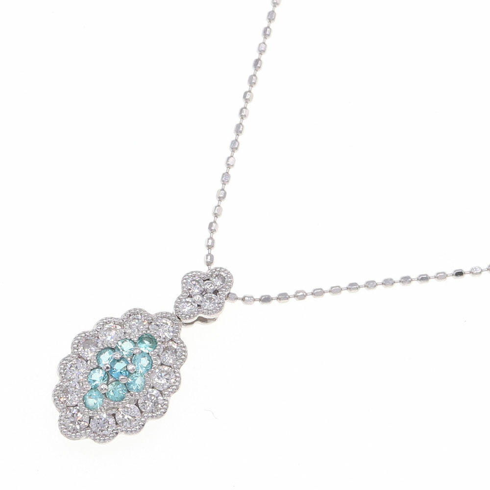 パライバトルマリン ダイヤモンド ネックレス PT0.14ct D0.35ct K18WG 中古 カットボールチェーン ペンダント チョーカー 宝石 ジュエリー アクセサリー レディース 女性 婦人 色石 カラーストーン ParaibaTourmaline Diamond