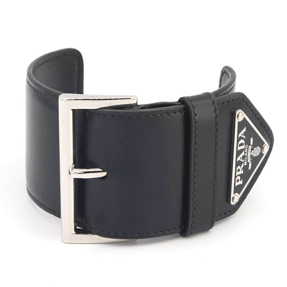 A-29 PRADAプラダ ブレスレット バングル レザー 黒 シルバー金具 PRADA - PRADA / プラダ □レザー ブレスレット ハングル