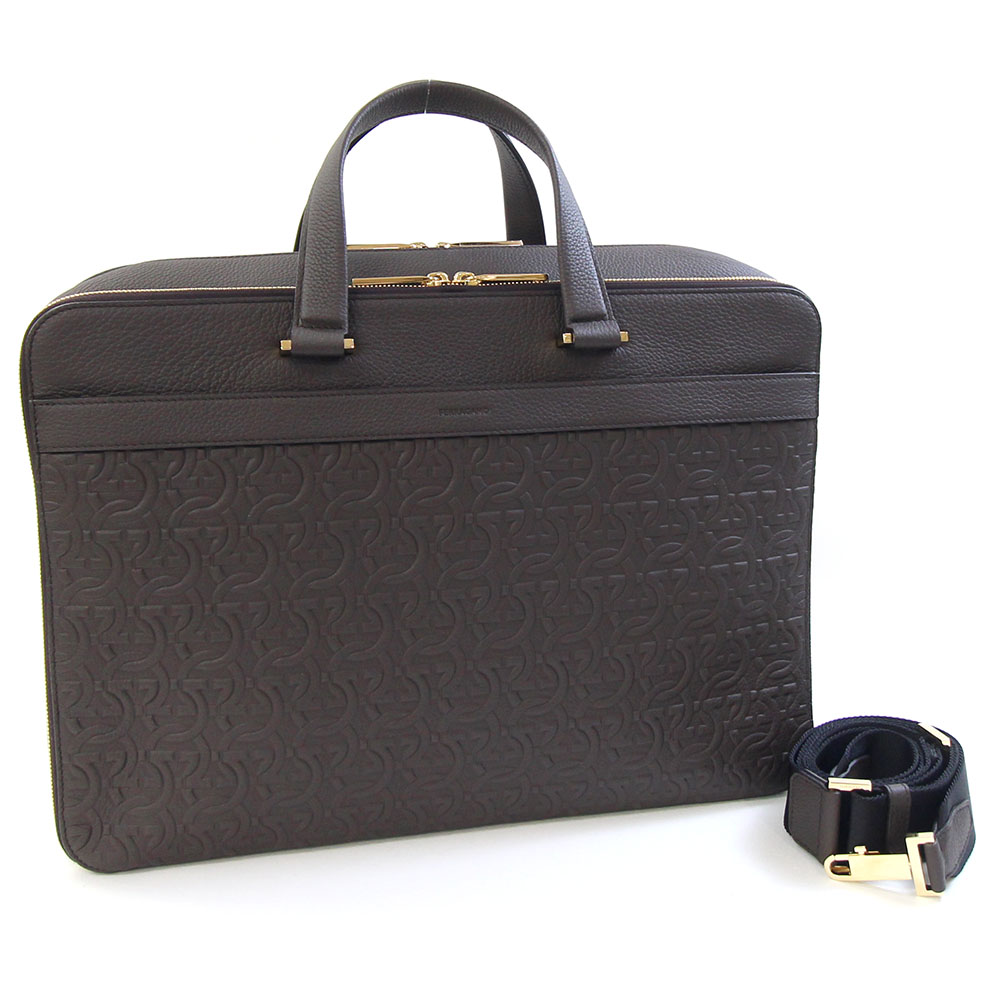 【美品】フェラガモ 2WAY ビジネスバッグ レザー 濃灰 ロゴショルダー 美品】フェラガモ 2WAY ビジネスバッグ レザー 濃灰 ロゴショルダー