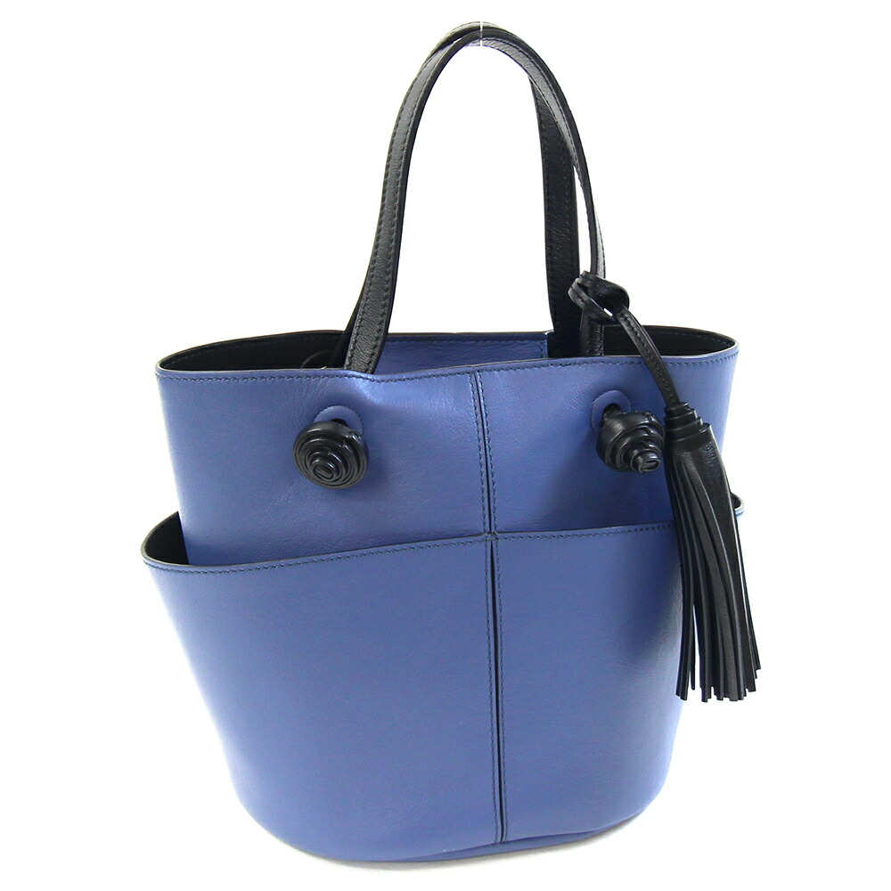 トッズ ハンドバッグ タッセルディティール ブルー系 ブラック レザー 中古 フリンジ ポーチ付 バイカラー レディース TOD'S