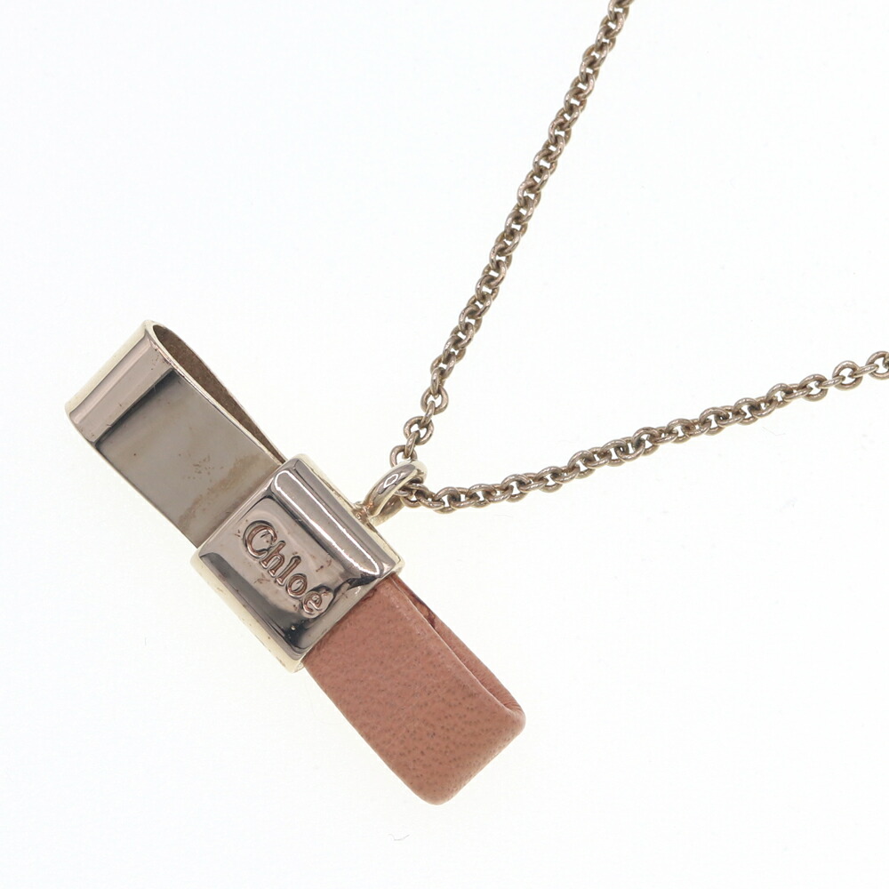 クロエ ネックレス リボン ゴールド ベージュ メタル レザー 中古 ペンダント アクセサリー ボウ ロゴ レディース Chloe