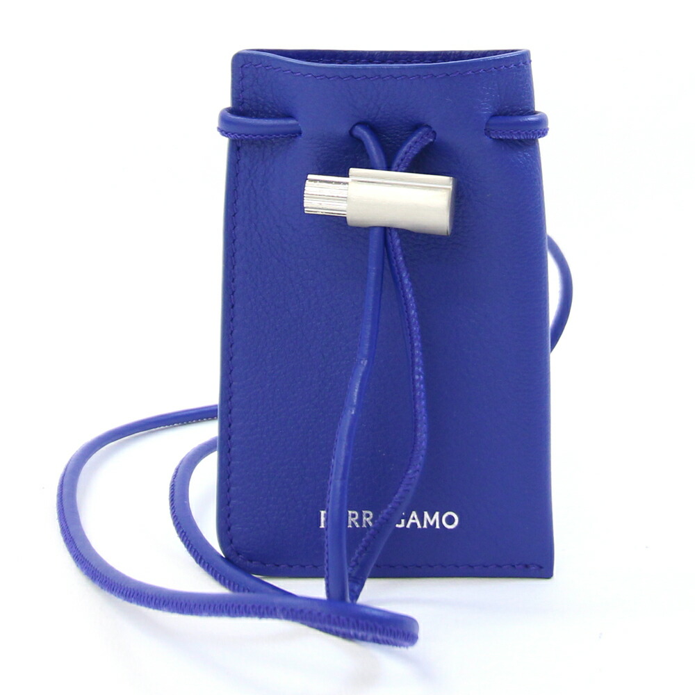 フェラガモ ネックポーチ ブルー レザー 中古 小物入れ ポーチ ネックストラップ ロゴ オールレザー レディース Salvatore Ferragamo