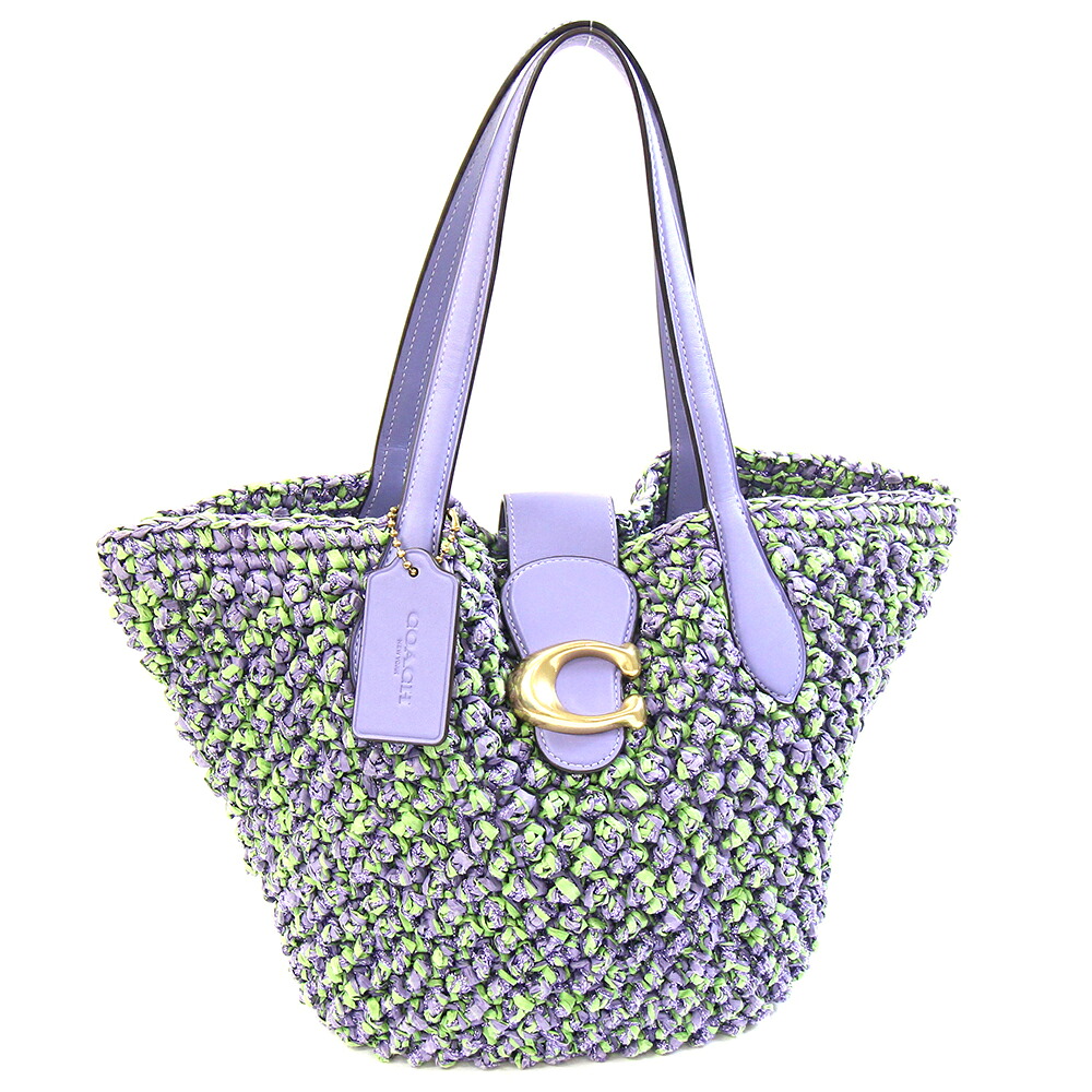 コーチ ハンドバッグ スモールトート CH741 ラベンダー ライトグリーン ストロー レザー 中古 鞄 ロゴ レディース 女性 COACH