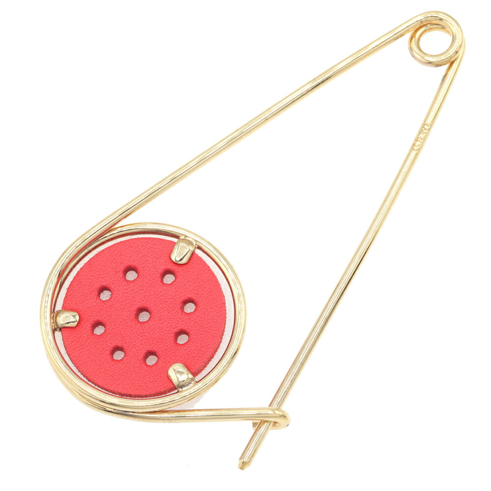 ロエベ ピンブローチ メカノ スモール レッド ゴールド レザー メタル 中古 アクセサリー ファッション レディース 女性 LOEWE
