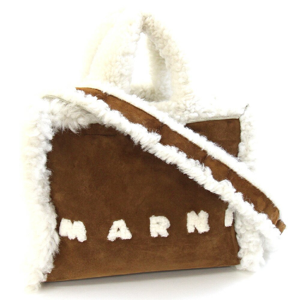 マルニ  2WAYハンドバック チョコレート赤銅色 象牙色 スウェード シアリング 中古 肩かけ 肩部 ロゴタイプ 毛糸 ロゴタイプ 羊肉 レディース MARNI