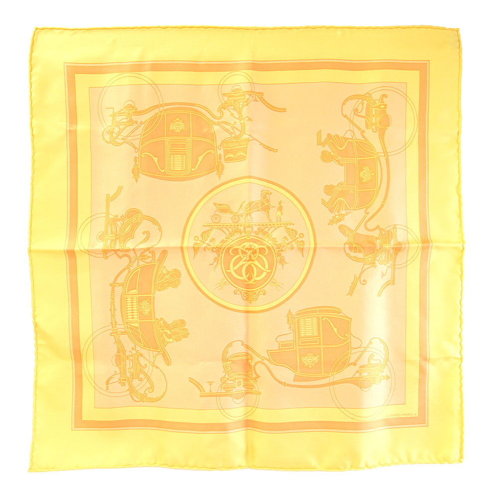 エルメス スカーフ カレ42 Ex-Libris エクスリブリス イエロー オレンジ アプリコットカラー シルク100％ 中古 プチカレ 正方形 ファッション レディース HERMES