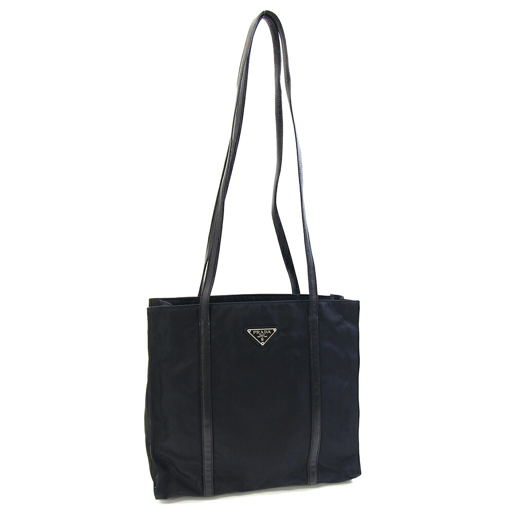 プラダ トートバッグ ブラック ナイロン レザー 中古 肩掛け トライアングル ロゴ レディース PRADA｜夢市場プレミア