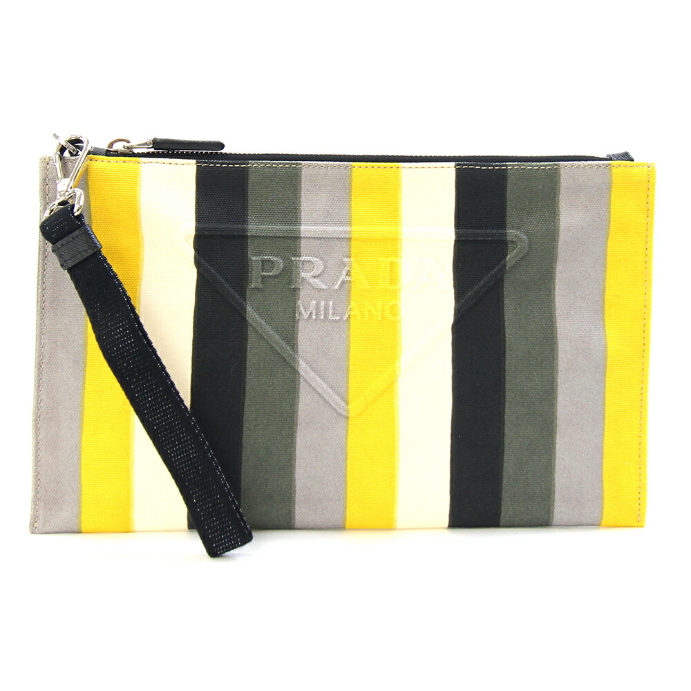 プラダ クラッチバッグ 2NH005 マルチカラー キャンバス レザー 中古 ポーチ ハンドストラップ付 ストライプ ロゴ メンズ レディース PRADA|夢市場プレミア