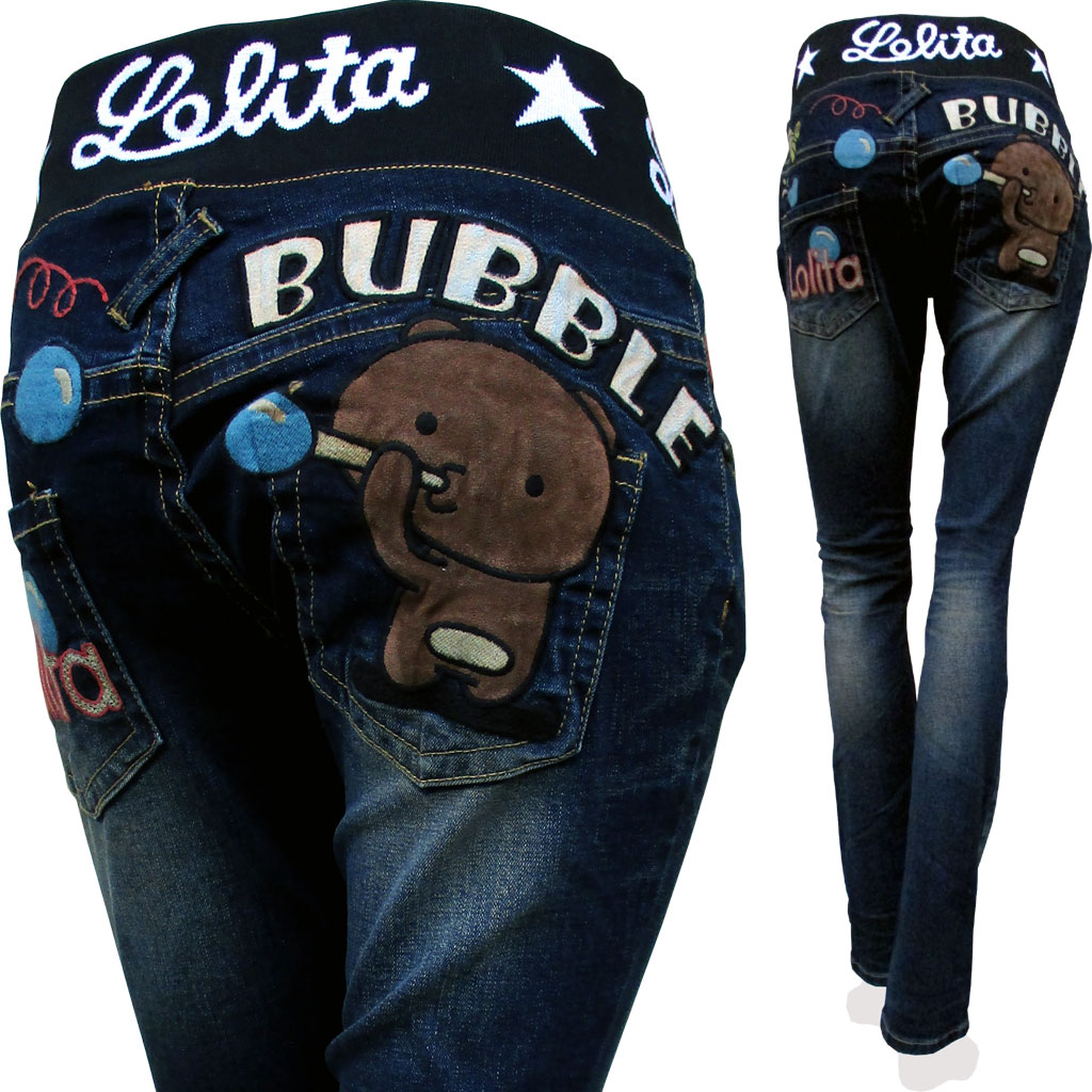 LOLITAJEANS(ロリータジーンズ) #1916 レディース オールシーズン スキニーデニム/ジーンズ USED加工/刺繍/クマ/みつばち/シャボン玉/ロゴ/ウエストリブ/ストレッチ インディゴ XXSサイズ-XXLサイズ｜セレクトショップＺ・Ｐ