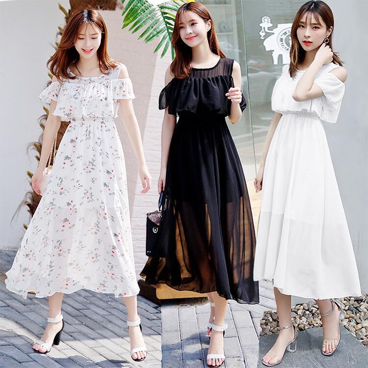 LIZLISA ボヘミアン シフォン ワンピース 長袖 フレア リボン