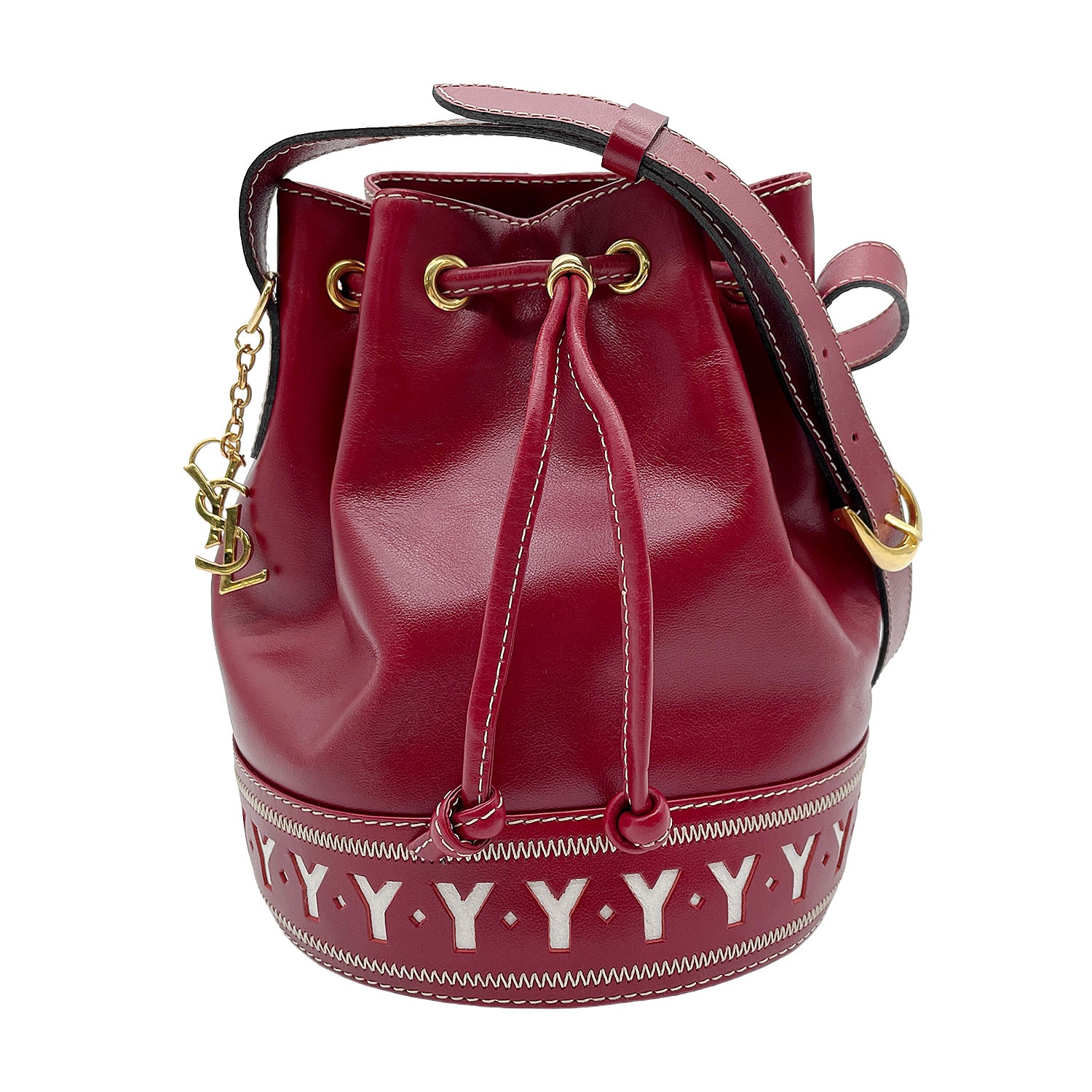 YVES SAINT LAURENT イヴ・サンローラン Yカット YSL ヴィンテージ ショルダーバッグ 巾着 カサンドラチャーム レザー メタル レッド レディース 【中古】|AURENE店
