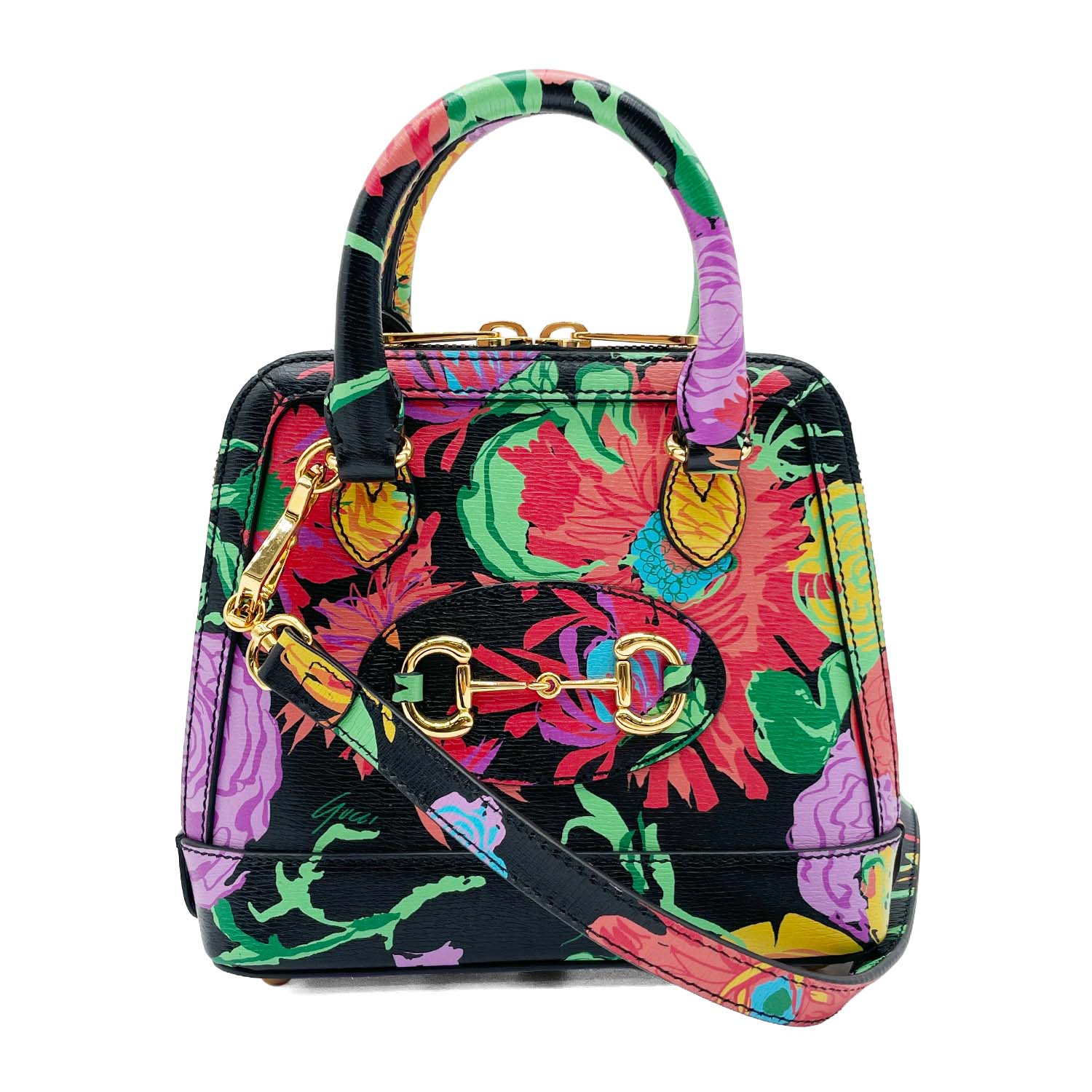 GUCCI グッチ ホースビット 1955 KEN SCOTT コラボ ショルダーバッグ 花柄 MANTERO レザー ブラック レディース 【中古】｜AURENE店