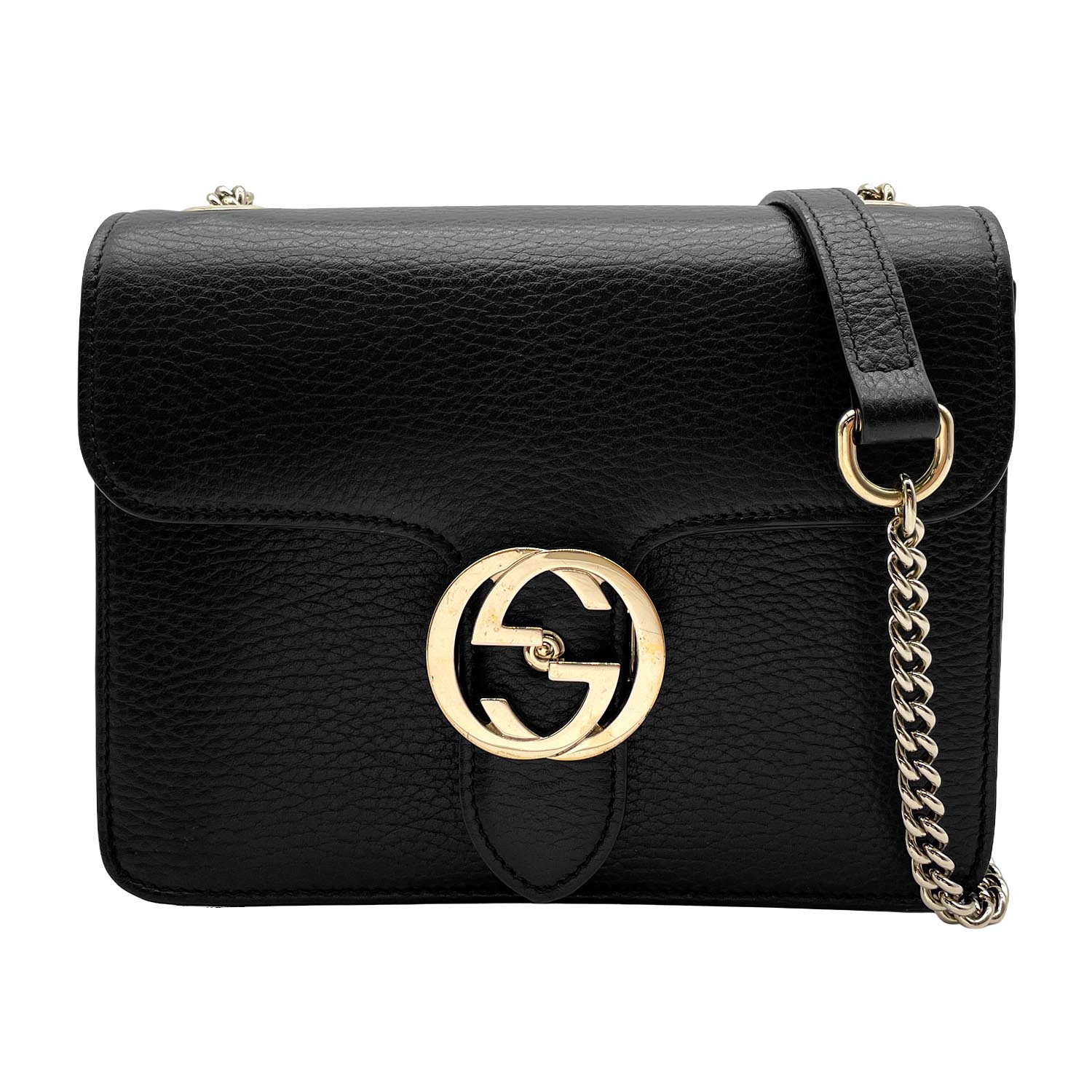 GUCCI グッチ インターロッキングG GGバックル チェーン ショルダーバッグ 510304 レザー メタル ブラック レディース 【中古】｜AURENE店