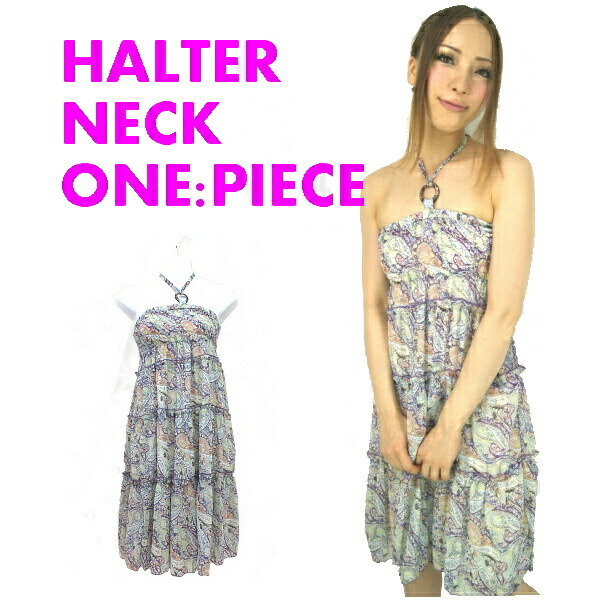 楽天市場 ワンピース ホルターネックワンピ レディースワンピース レディースファッション ベアワンピ ホルターネック ペイズリー柄 ギャザー リング シフォン グリーン 紐 夏 リゾート 旅行 チュニック 柄もの ミドル丈 Auroraism