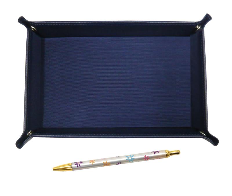 日本製シボ牛革ペントレイ青 花柄ボールペンセット TRAL-HS380B