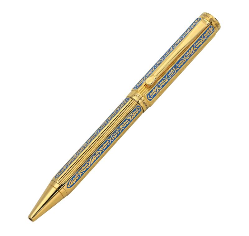 Xezo レジオネア 18K 金メッキ中字ボールペン。ダイヤモンドカット彫刻。精密な手彫り。エジプシャンブルー塗装。個別シリアル番号入り。250本。