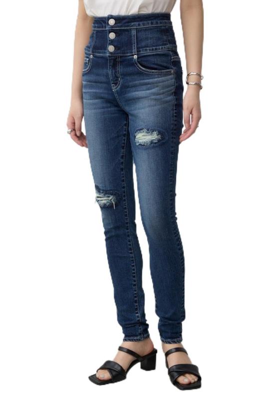 [アズールバイマウジー] AZUL DENIM ハイウエスト ボタン リペア スキニー レディース 250IAC12-0371｜オーロラビジョン