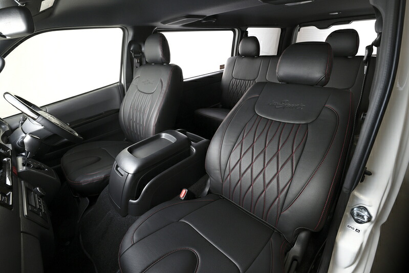 Genb 玄武 プレミアムシートカバー Red Stitch ［フロント＆セカンド］ ハイエース TRH/KDH200系/GDH211K ※S-GL専用（DARK PRIME 対応） 北海道・沖縄・離島は要確認｜オートクラフト