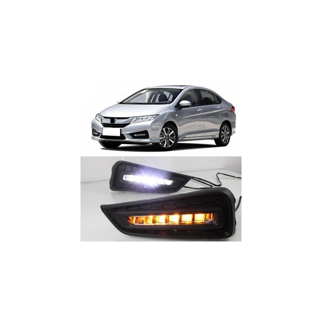 2個 デイライト LED デイタイムランニングライト 12V DRL ホンダ シティ 2015 2016 2017 イエロー カラーカラー シグナル 灯 ターン White Yellow blue AL-BB-1570 AL Car plating parts｜オートパーツエージェンシー