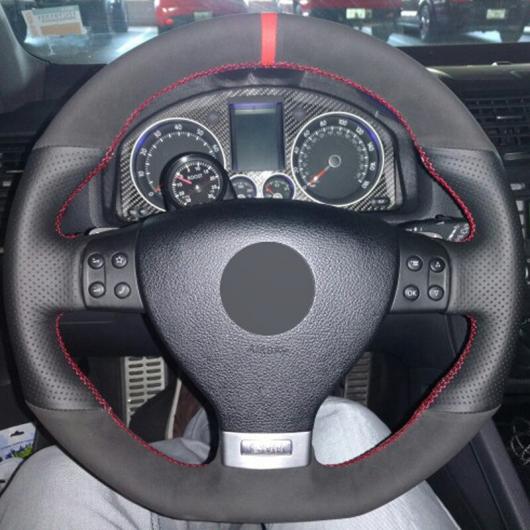ステアリングホイールカバー 編み上げタイプ ブラックスウェード レザー 適用: フォルクスワーゲン ゴルフ 5 MK5 GTI VW ゴルフ 5 R32 パサート R GT 2005 レッド 糸 AL-FF-0525 AL Interior parts for cars
